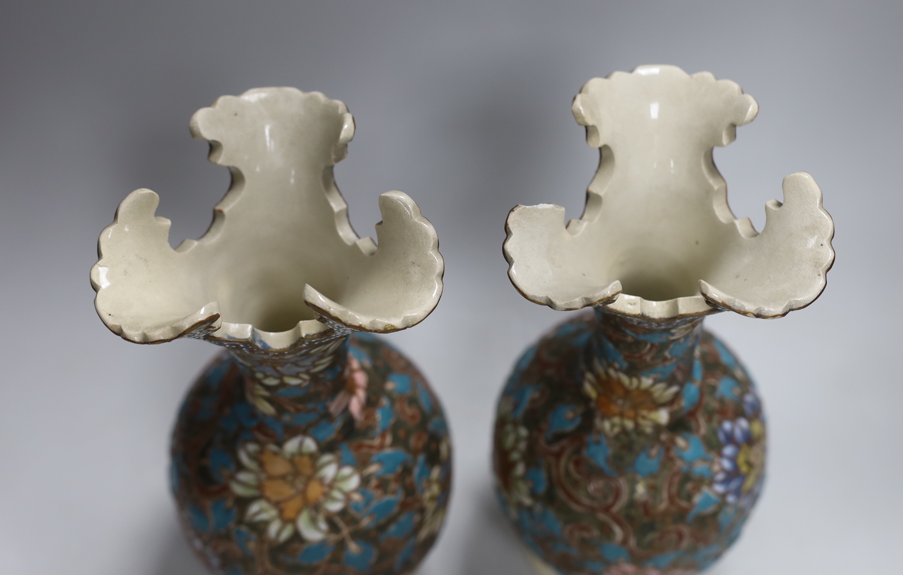 A pair of Japanese moriage pottery vases, 30cm high